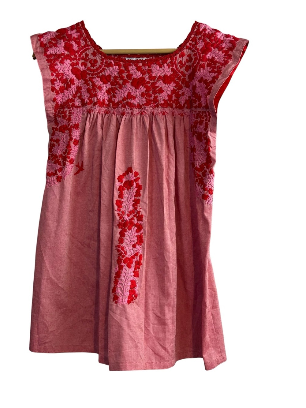 Mi Golondrina Flores Blouse MujerRojo Embroidered Peasant Pink/Red Boho Size S